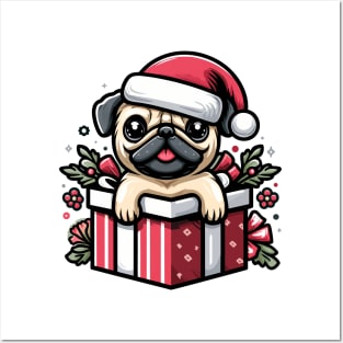 Pug In Present Dog Christmas Festive Santa Hat Posters and Art